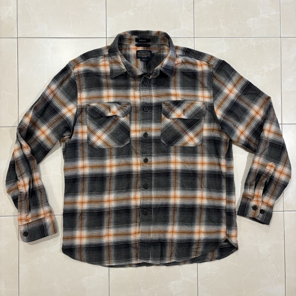 Pendleton Shirt Large Grey Orange Plaid Flannel Long Sleeve Button Up Burnside
